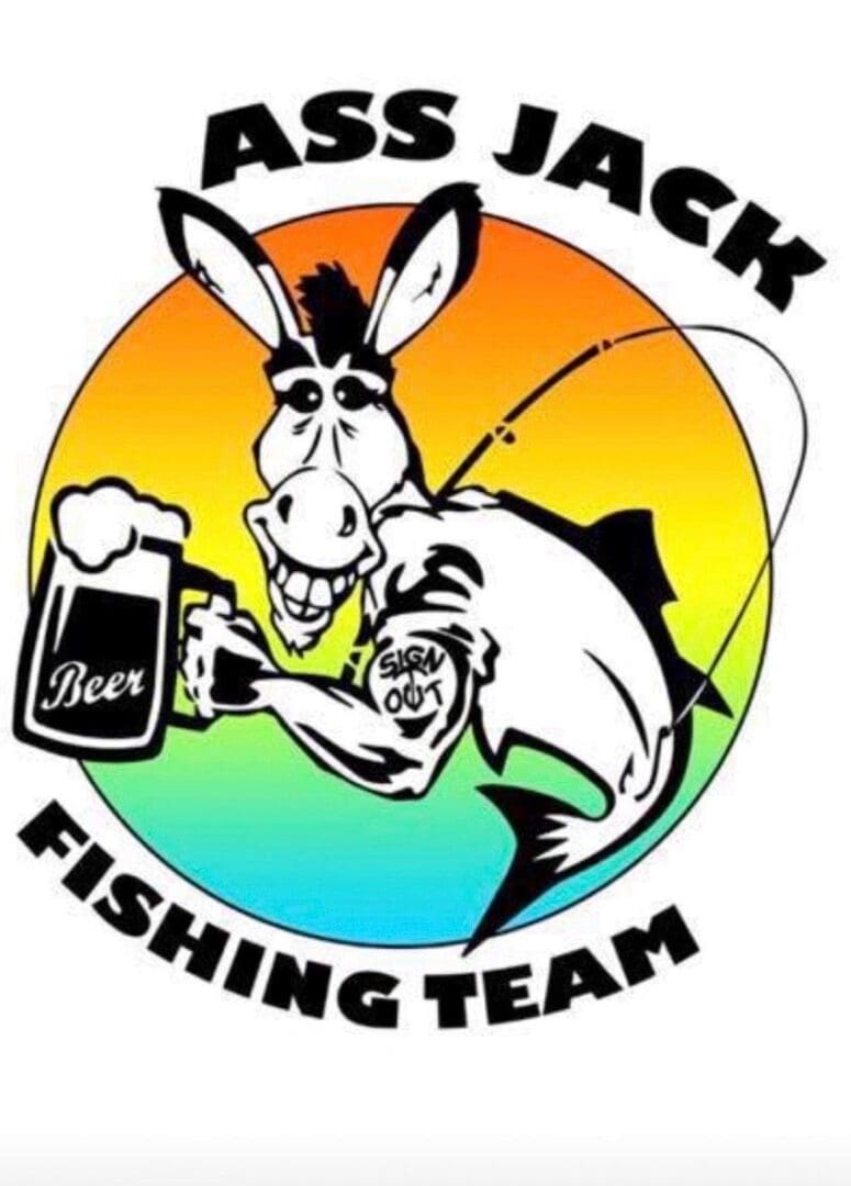 A donkey with a beer in his mouth and a fish in the background.