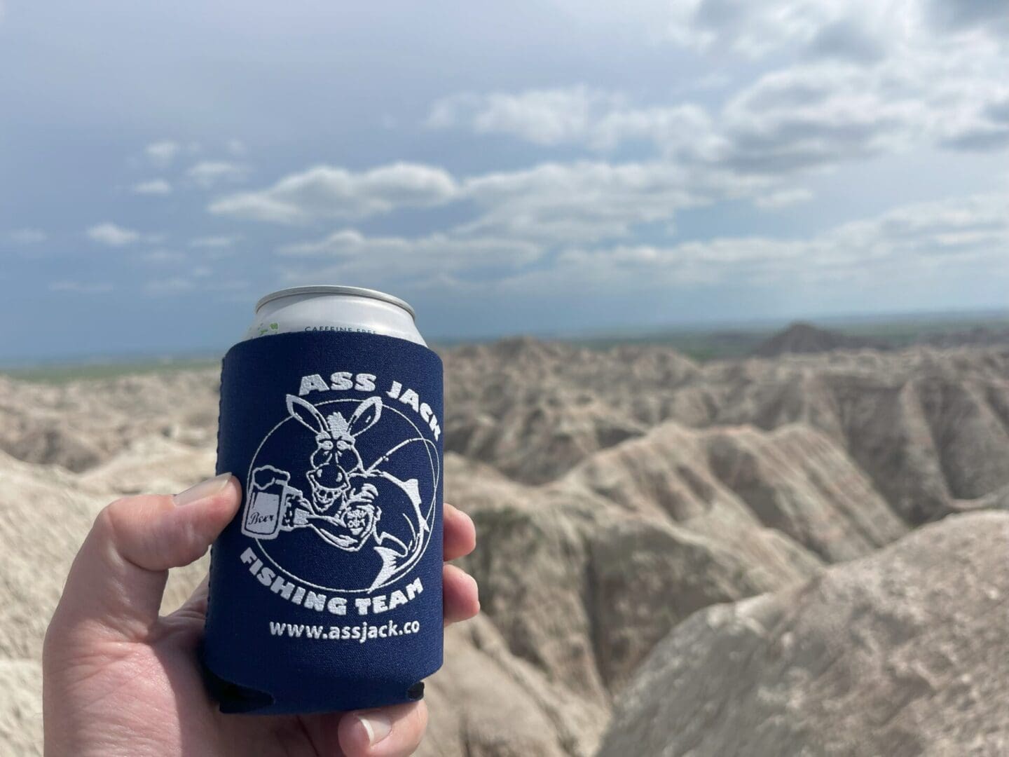A person holding a can of beer in front of some mountains
